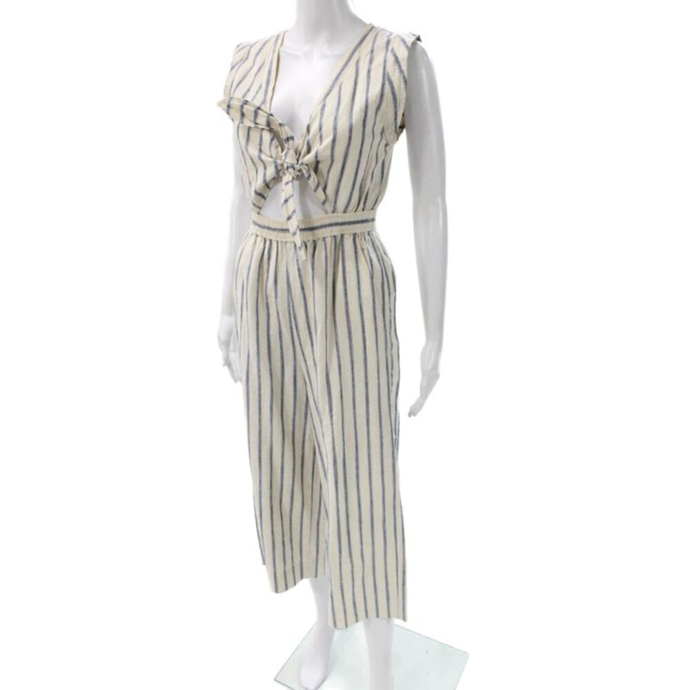 Madewell Women Jumpsuit Beige Striped V-Neck Sleeveless Linen Cotton Size 0 - Picture 2 of 5